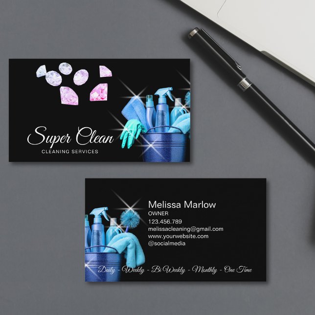 Blue Modern Commercial House Cleaning Housekeeper Business Card (blue bucket with cleaning tools, black backgrounds and diamonds)