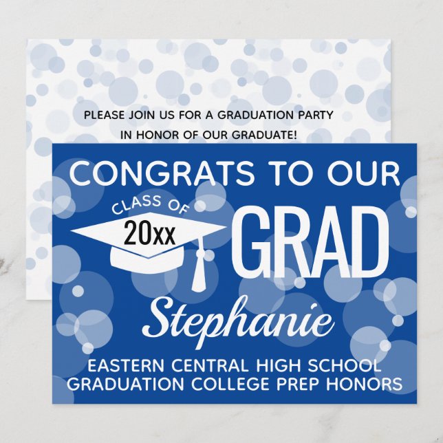 Blue Modern Confetti Bokeh Bubbles Graduation Invitation (Front/Back)