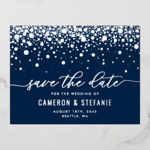 Blue Modern Confetti Silver Foil Save the Date Foil Invitation Postcard
