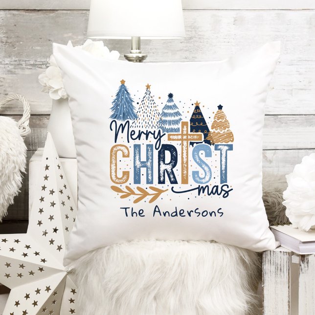 Blue Modern Cross Christian Jesus Christmas Name Cushion (Blue Modern Cross Christian Jesus Christmas Name Throw Pillow)