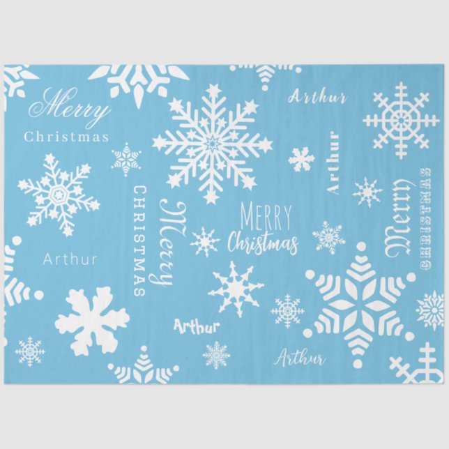 Blue Modern Custom Name Christmas Holiday Snow Tissue Paper (Front)