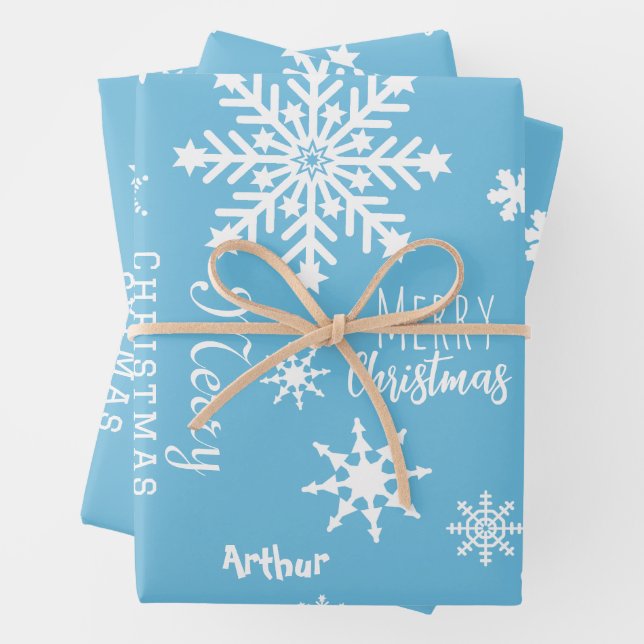 Blue Modern Custom Name Christmas Holiday Snow Wrapping Paper Sheet (In situ)