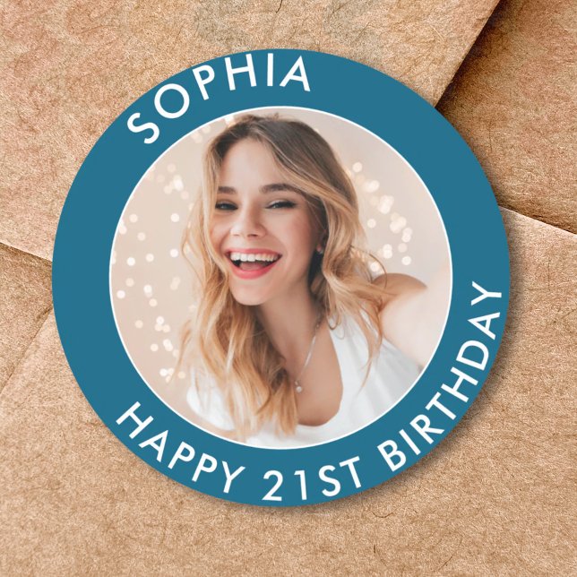 Blue Modern Elegant Happy 21st Birthday Photo Classic Round Sticker (Blue Modern Elegant Happy 21st Birthday Photo Classic Round Sticker)