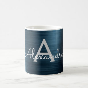 Blue Modern Elegant Metallic Monogram Name Coffee Mug