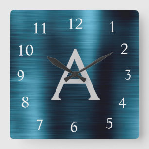 Blue Modern Elegant Metallic Monogram Name Square Wall Clock