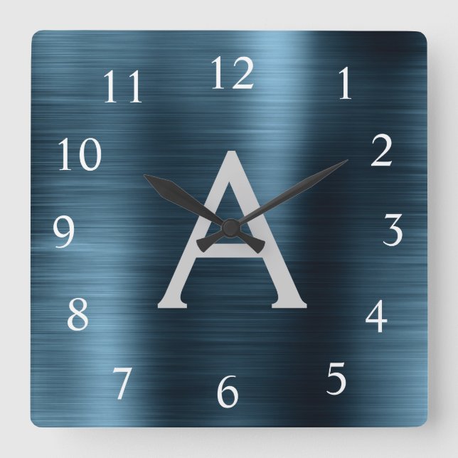 Blue Modern Elegant Metallic Monogram Name Square Wall Clock (Front)