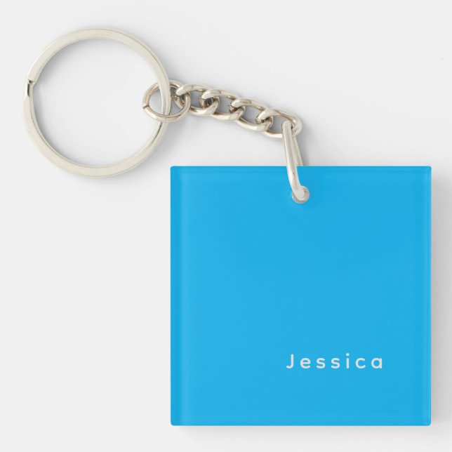 Blue Modern Elegant Plain Simple Professional Name Key Ring (Front)