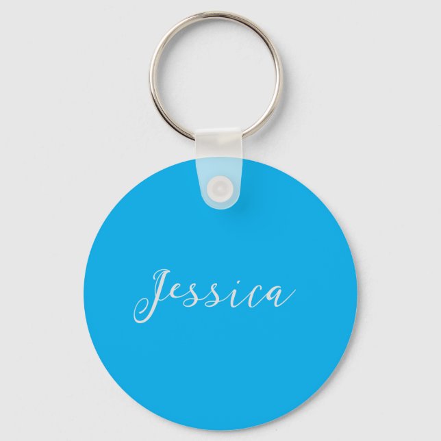 Blue Modern Elegant Plain Simple Professional Name Key Ring (Front)