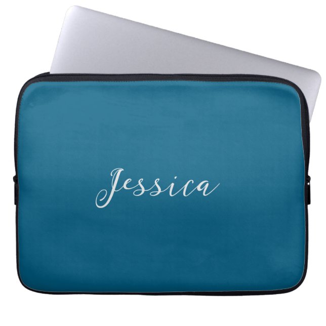 Blue Modern Elegant Plain Simple Professional Name Laptop Sleeve (Front)
