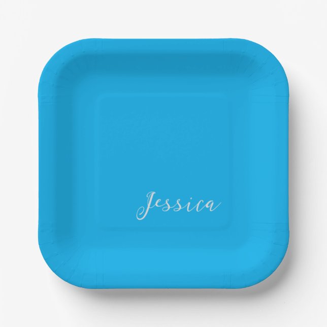 Blue Modern Elegant Plain Simple Professional Name Paper Plate (Front)