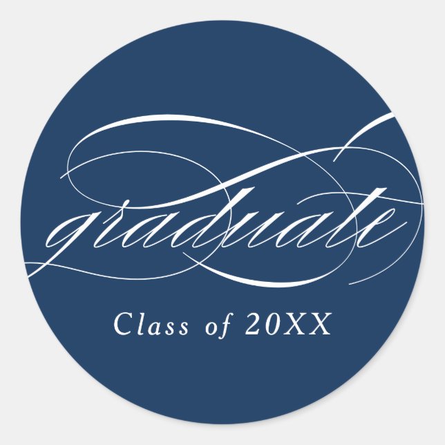 Blue Modern Elegant Script Graduation Classic Round Sticker (Front)