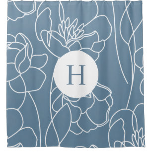 Blue Modern Elegant Wildflower Monogram Name Shower Curtain