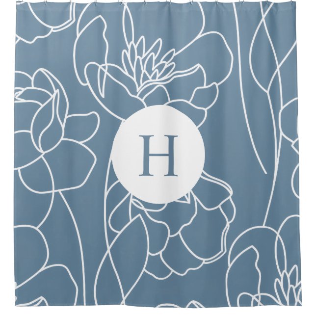 Blue Modern Elegant Wildflower Monogram Name Shower Curtain (Front)