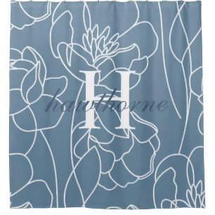 Blue Modern Elegant Wildflower Monogram Name Shower Curtain