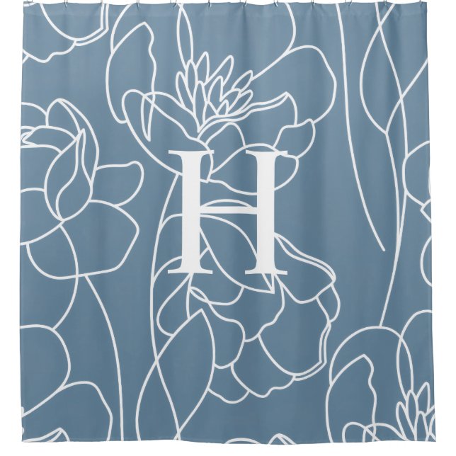 Blue Modern Elegant Wildflower Monogram Name Shower Curtain (Front)