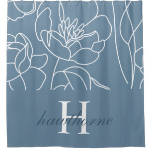 Blue Modern Elegant Wildflower Monogram Name Shower Curtain