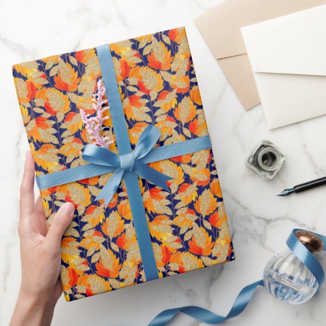Blue | Modern Faux Glitter Autumn Leaves Wrapping Paper (Gifting)