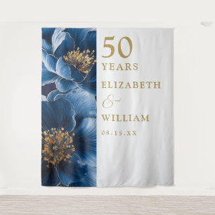 Blue Modern Floral 50th Anniversary Photo Backdrop Tapestry
