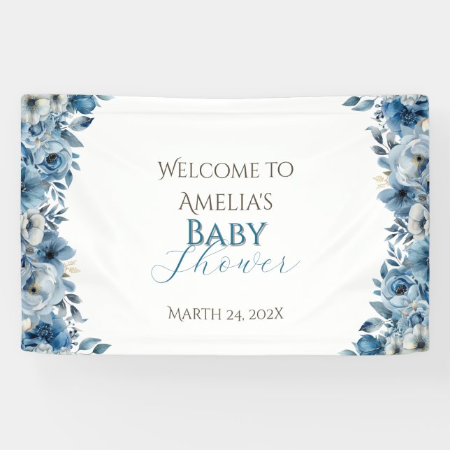 Blue Modern Floral Watercolor Baby Shower Banner (Horizontal)