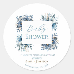 Blue Modern Floral Watercolor Baby Shower Classic Round Sticker