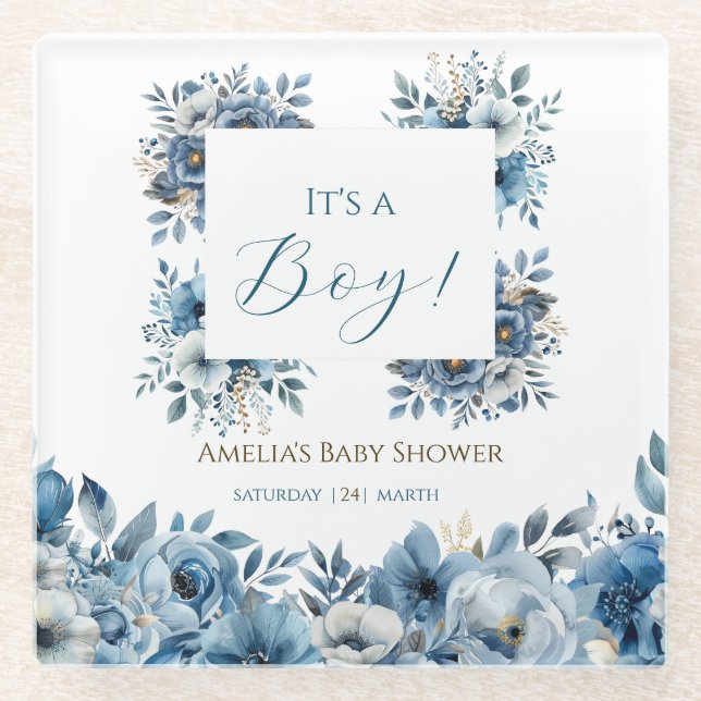 Blue Modern Floral Watercolor Baby Shower Glass Coaster (Front)