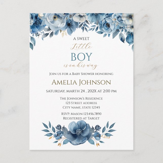 Blue Modern Floral Watercolor Baby Shower Postcard (Front)
