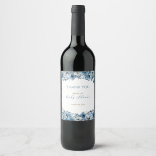 Blue Modern Floral Watercolor Baby Shower Wine Label