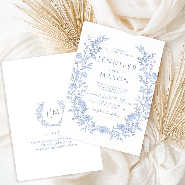 Blue Modern Floral Wreath Boho Wedding Invitation (Creator Uploaded)