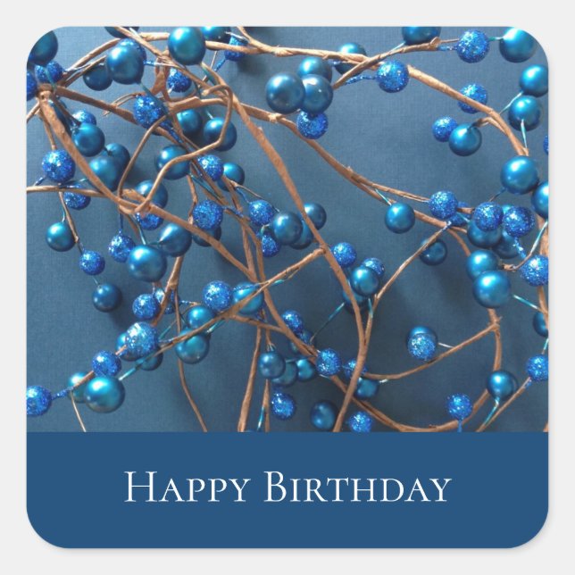 Blue Modern Happy Birthday Trendy Berries Square Sticker (Front)