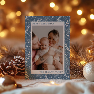 Blue Modern Holly and Leaves Artwork Frame Holiday Card