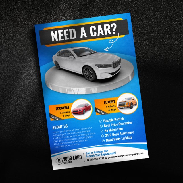 Blue Modern Luxury Car Rental Automobile Car Hire Flyer (Creator Uploaded)