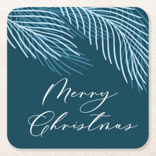 Blue Modern Merry Christmas Scripted Square Paper Coaster