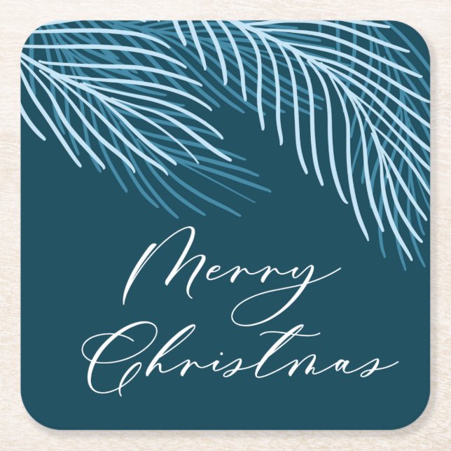 Blue Modern Merry Christmas Scripted Square Paper Coaster (Front)