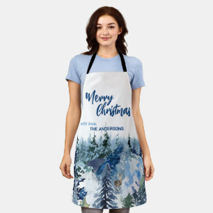 Blue Modern Merry xmas trees forest raindeer Apron