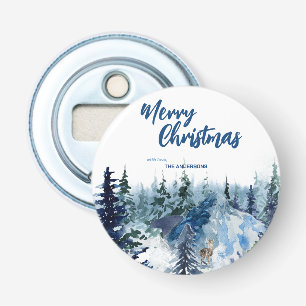 Blue Modern Merry xmas trees forest raindeer  Bottle Opener