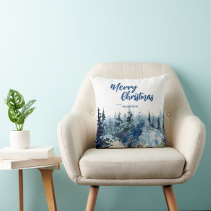 Blue Modern Merry xmas trees forest raindeer Cushion