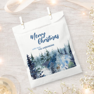 Blue Modern Merry xmas trees forest raindeer Favour Bag