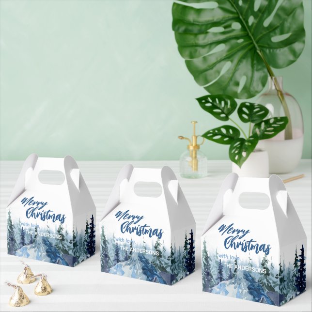 Blue Modern Merry xmas trees forest raindeer  Favour Box (Multiple)