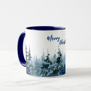 Blue Modern Merry xmas trees forest raindeer  Mug