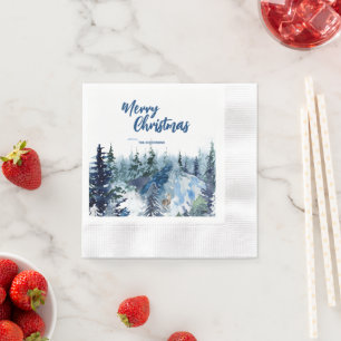 Blue Modern Merry xmas trees forest raindeer Napkin