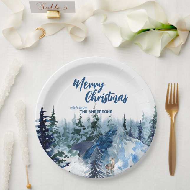 Blue Modern Merry xmas trees forest raindeer  Paper Plate (Wedding)
