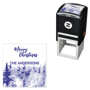 Blue Modern Merry xmas trees forest raindeer  Self-inking Stamp