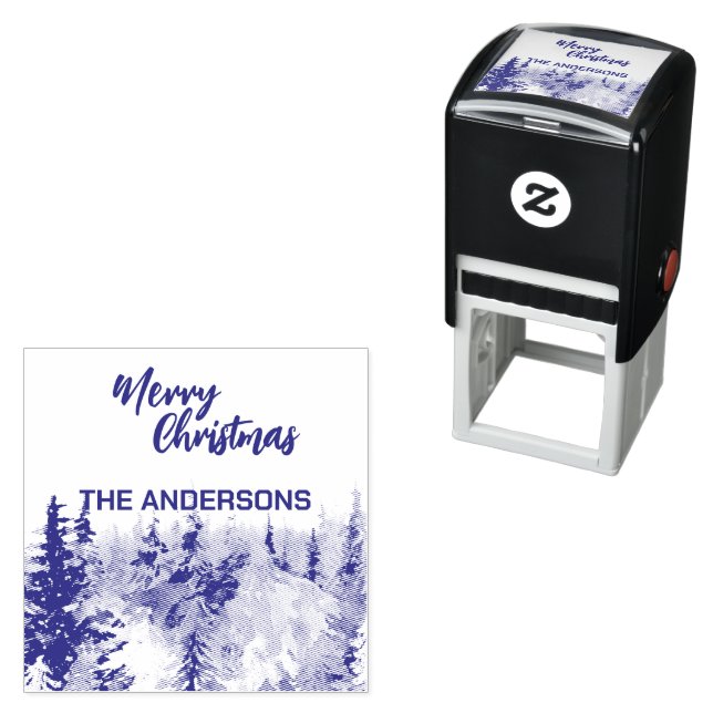 Blue Modern Merry xmas trees forest raindeer  Self-inking Stamp (In Situ)