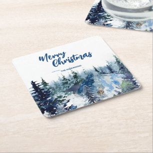 Blue Modern Merry xmas trees forest raindeer Square Paper Coaster