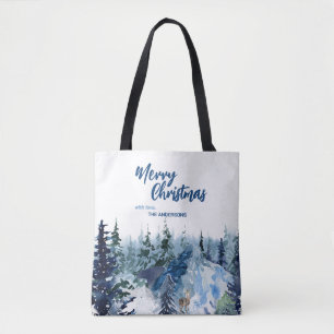 Blue Modern Merry xmas trees forest raindeer  Tote Bag