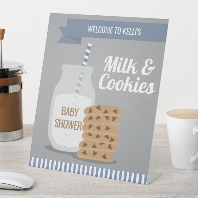 Blue Modern Milk and Cookies Striped Pedestal Sign (In SItu)
