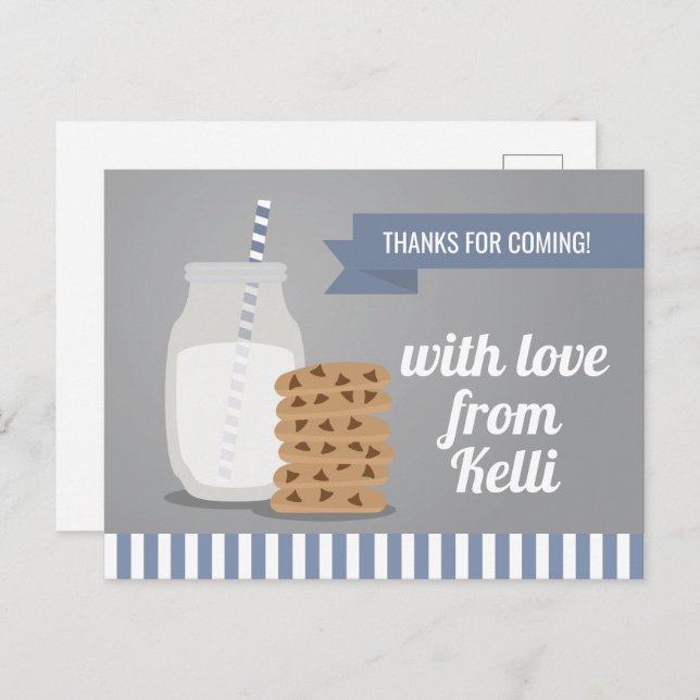 Blue Modern Milk and Cookies Striped Thank You Postcard (Front/Back)