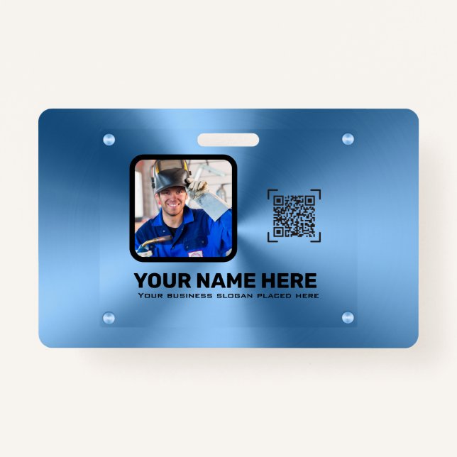 Blue modern minimalist professional photo QRcode  ID Badge (Front)