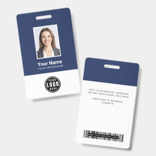 Blue Modern Monogram Logo Employee Photo Barcode ID Badge