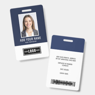 Blue Modern Monogram Logo Employee Photo Barcode ID Badge